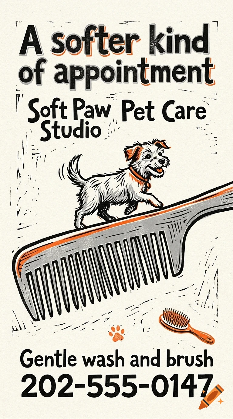 An illustrated poster for Soft Paw Studio Pet Care featuring a small dog walking on a giant comb, with text reading A softer kind of appointment, Gentle wash and brush, and a phone number.