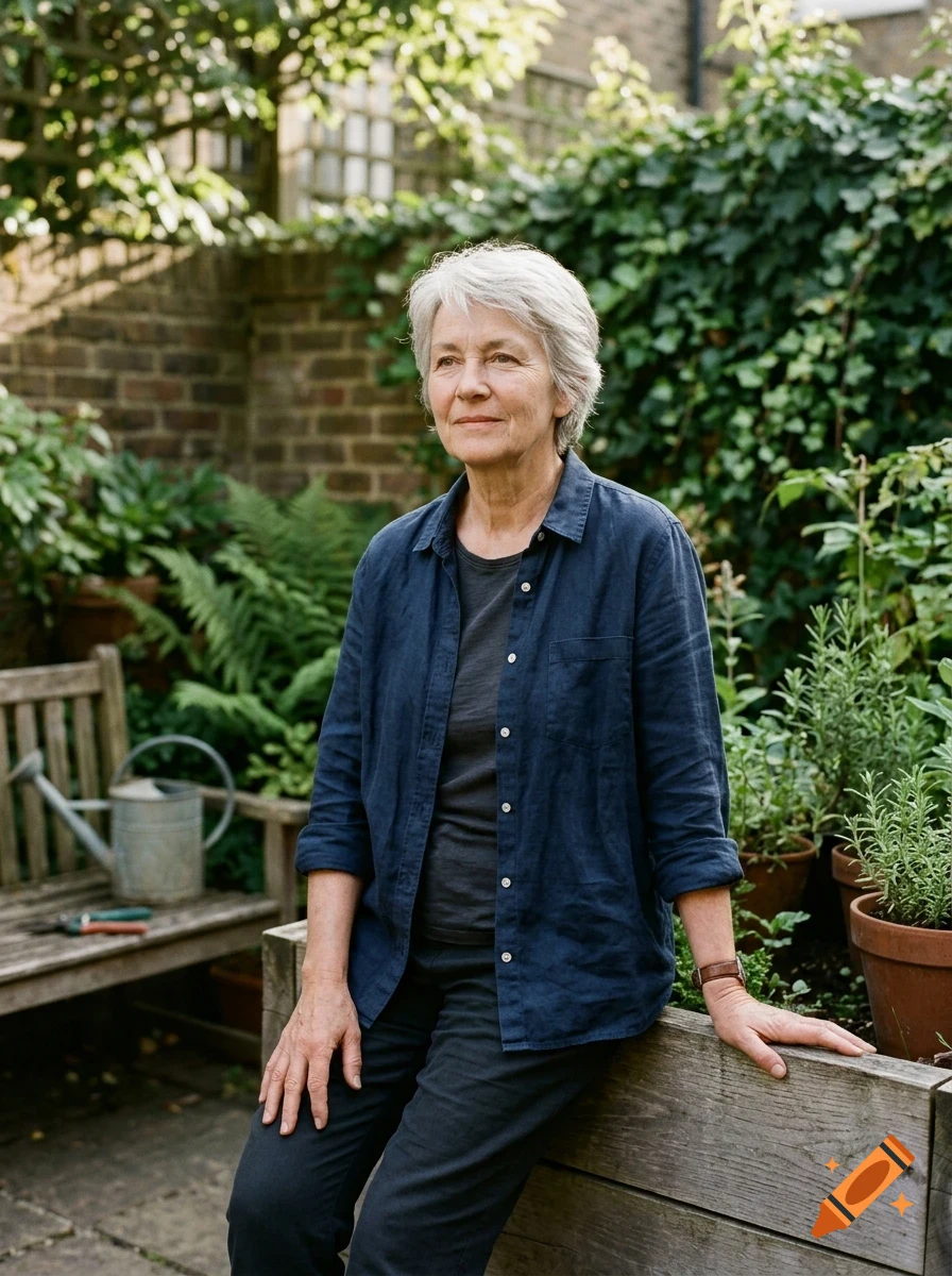An older woman with short grey hair wearing a blue button-down shirt stands in a lush garden.