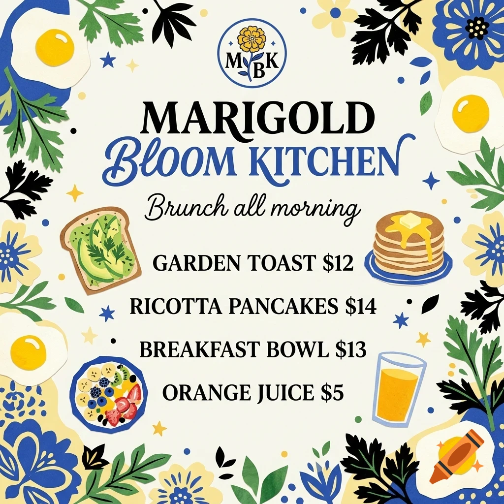 A menu poster for Marigold Bloom Kitchen featuring brunch items and illustrations of food, flowers, and fried eggs.
