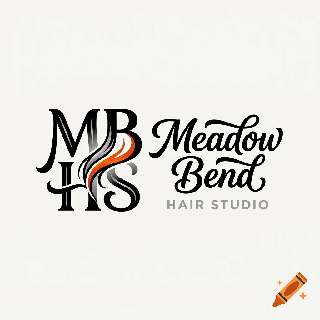 A stylized logo featuring the monogram MBHS alongside the text Meadow Bend HAIR STUDIO in black, grey, and orange.