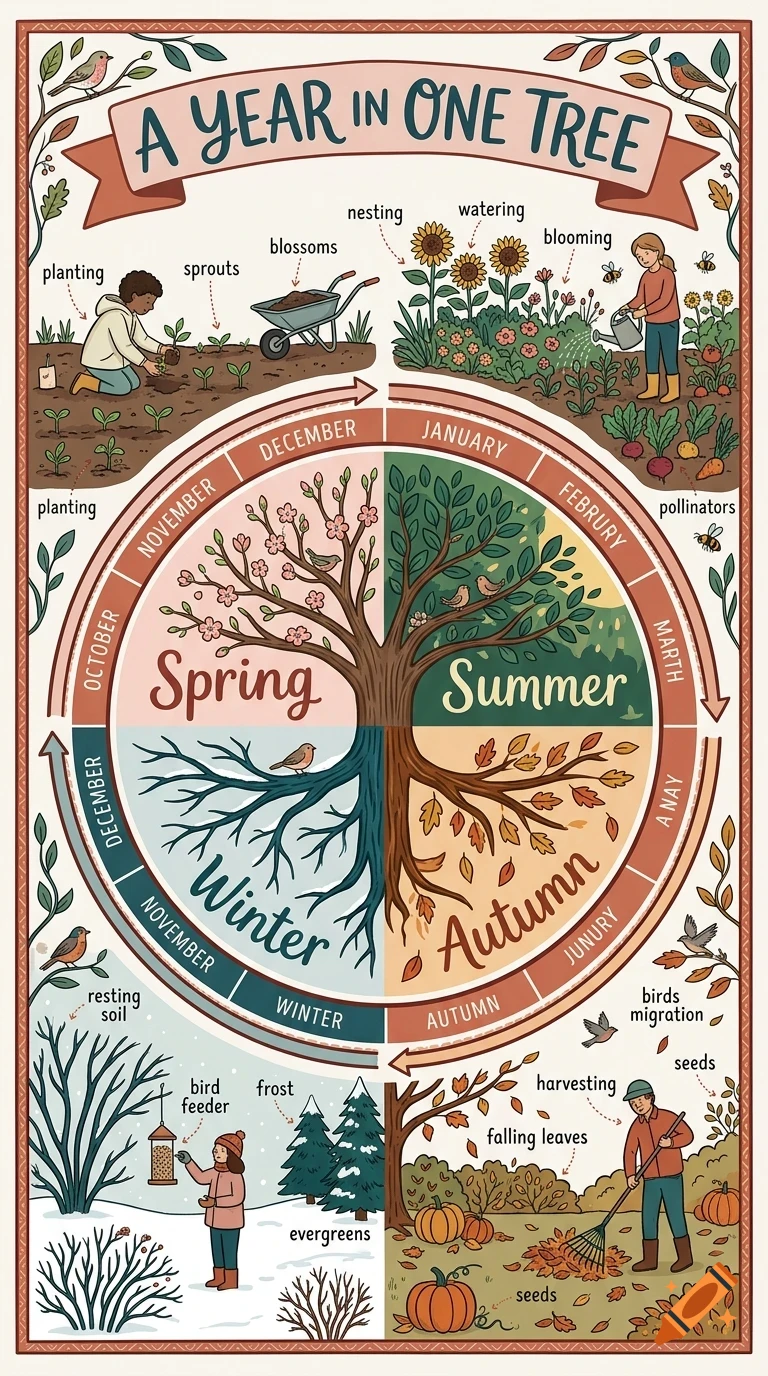 An illustrated educational diagram titled A Year In One Tree showing seasonal changes, months, and gardening activities.