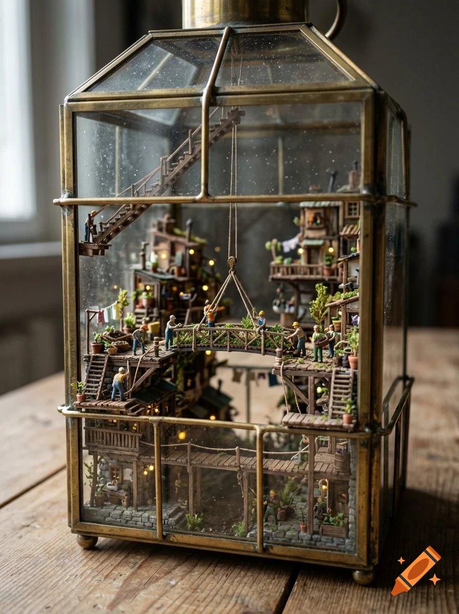 A miniature diorama of a village with tiny wooden houses, bridges, and figures built inside a large brass-framed glass lantern.