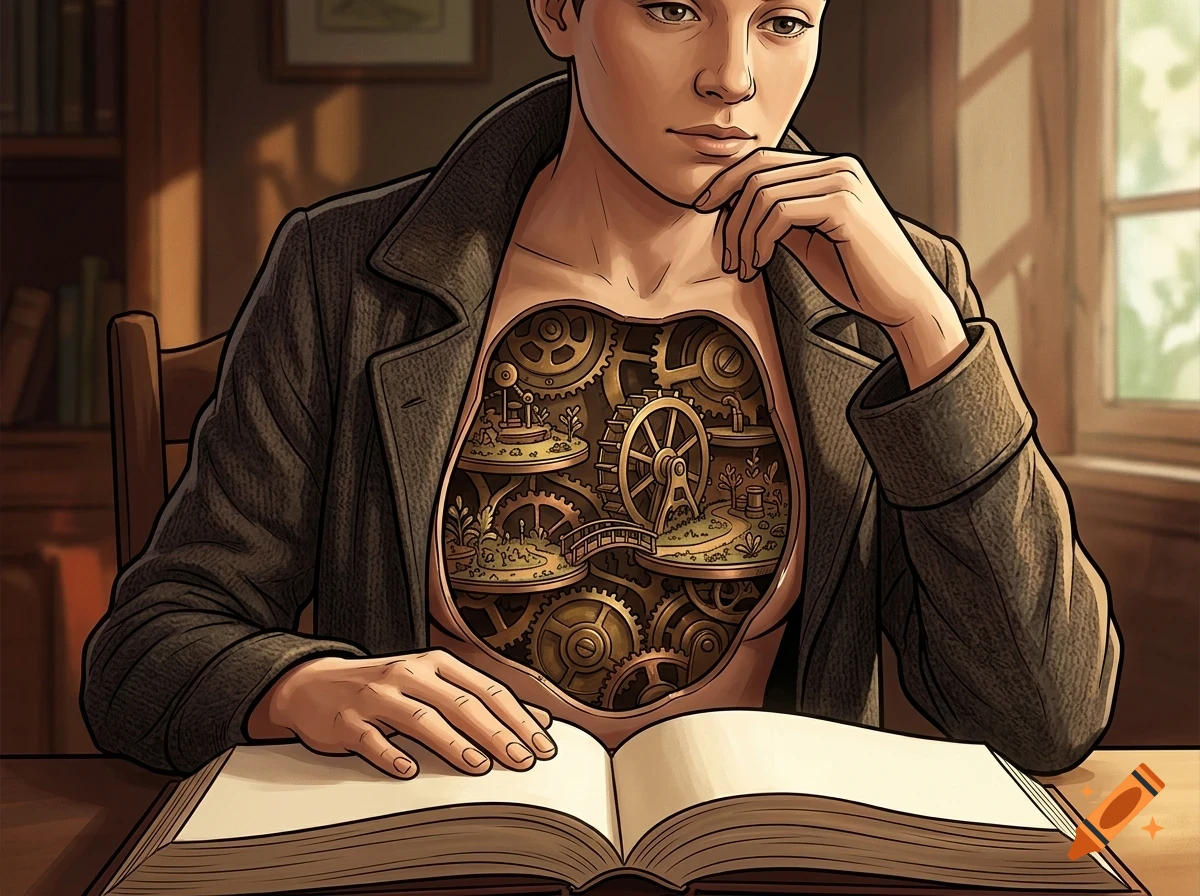 An illustrated person sitting at a desk reading an open book, with a cutout in their chest revealing a complex arrangement of mechanical gears and miniature landscapes.