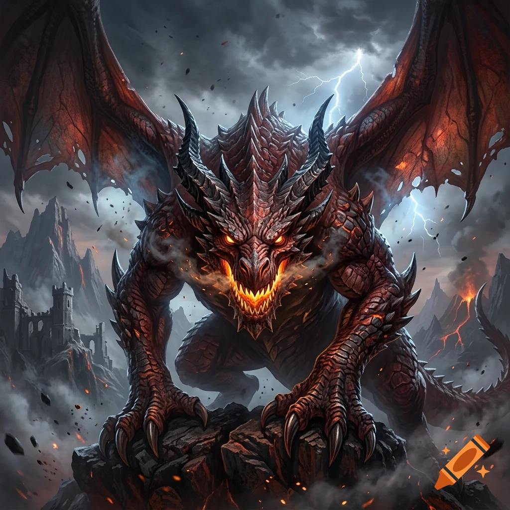 Digital illustration of a fierce red dragon perched on a dark rock with glowing eyes, smoke, and a fantasy castle in the background.