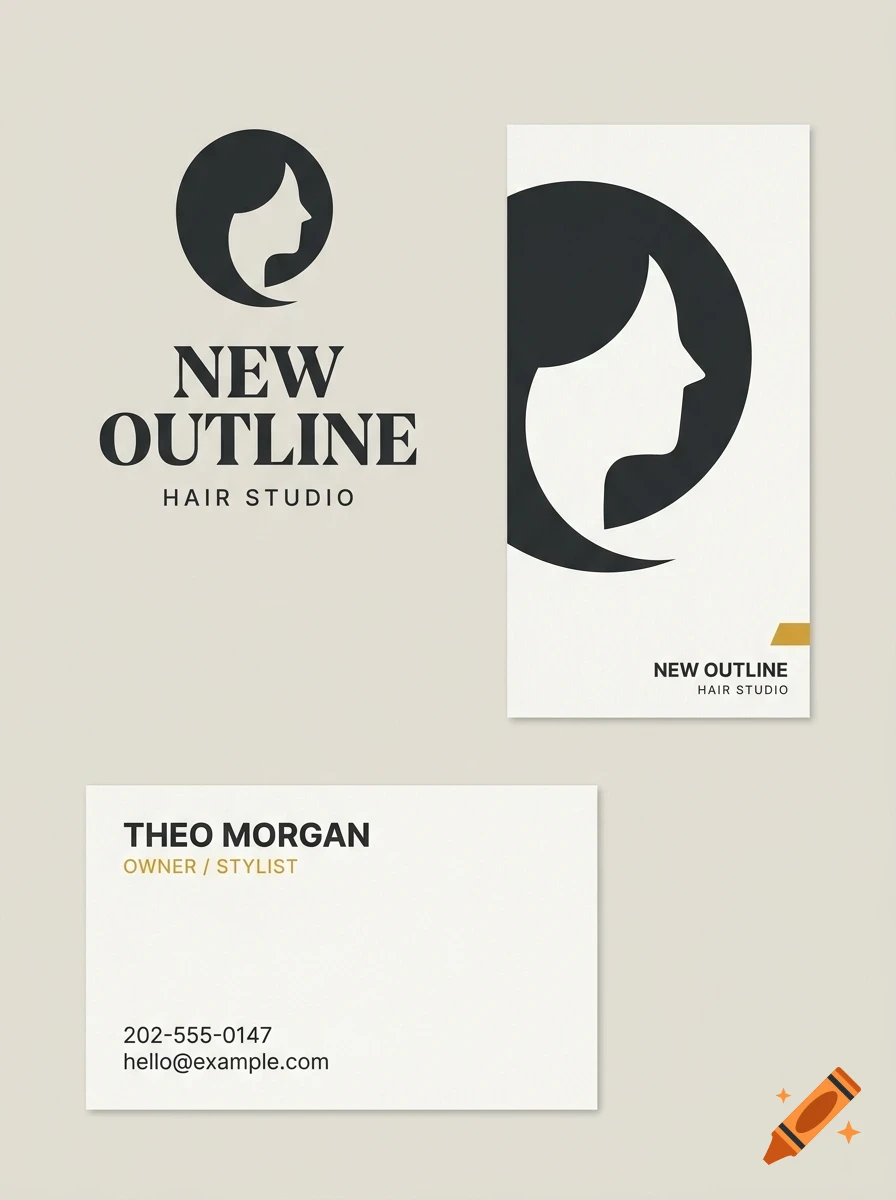 Mockup of business cards and logo for New Outline Hair Studio featuring a minimalist profile silhouette.