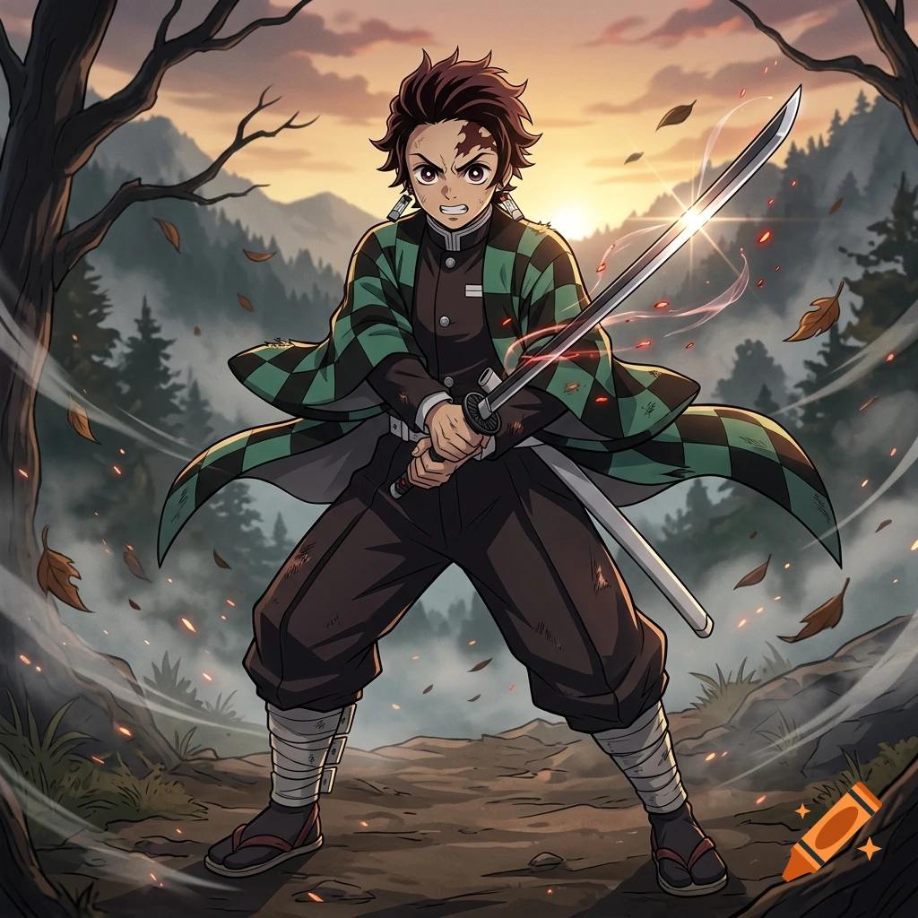 Anime illustration of Tanjiro Kamado from Demon Slayer in a fighting stance with a glowing katana in a misty forest at sunset.