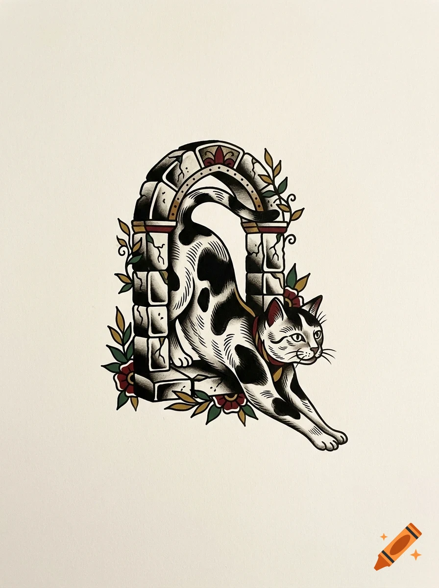 An illustrated black and white cat with spots stretches in front of an ornate stone archway decorated with leaves and flowers.