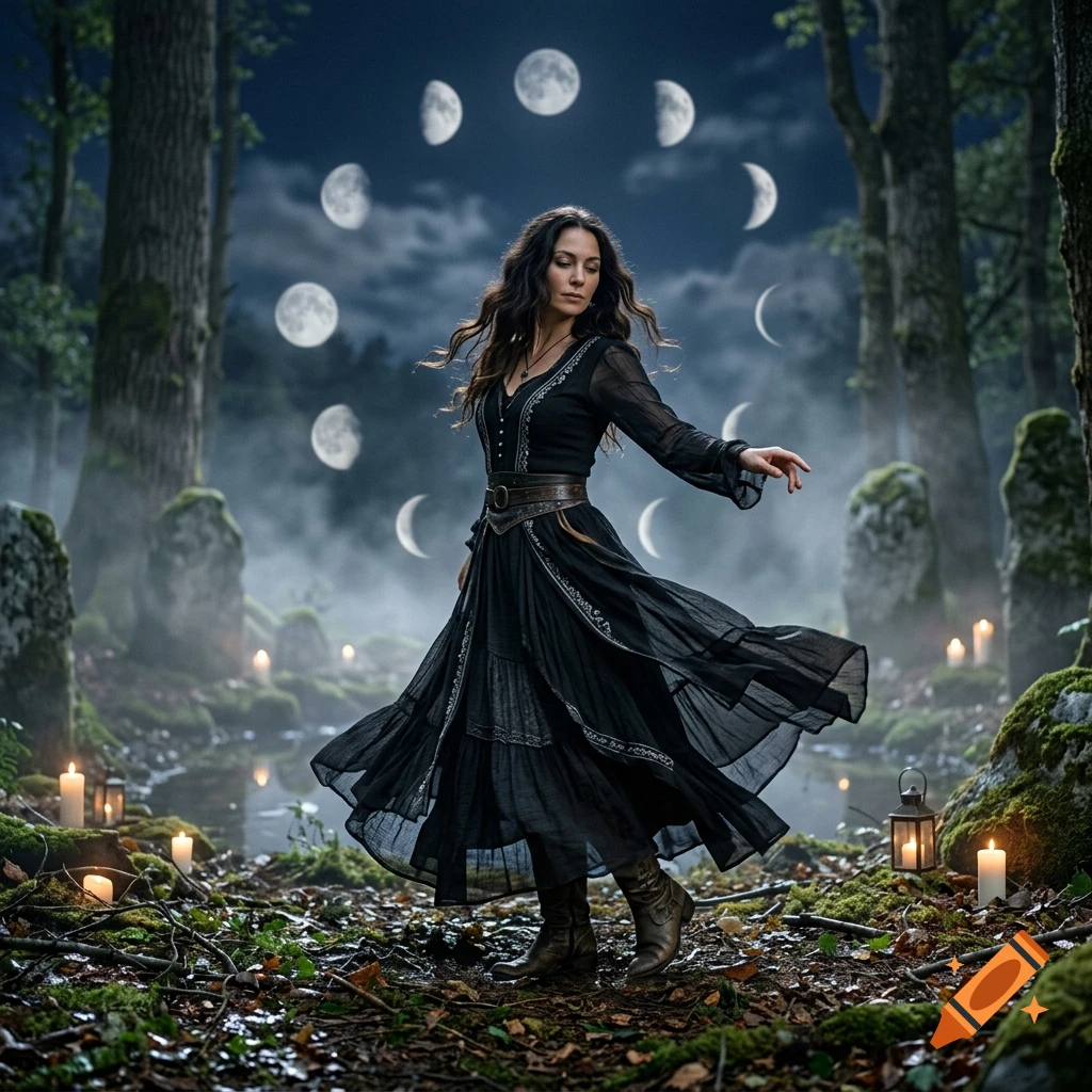 Photorealistic image of a woman in a black dress dancing in a misty forest under moon phases.
