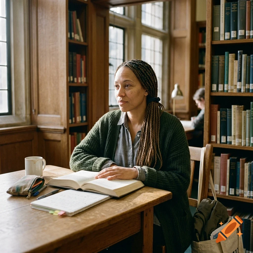 A woman with braided hair sits at a wooden table in a library with books and an open textbook.