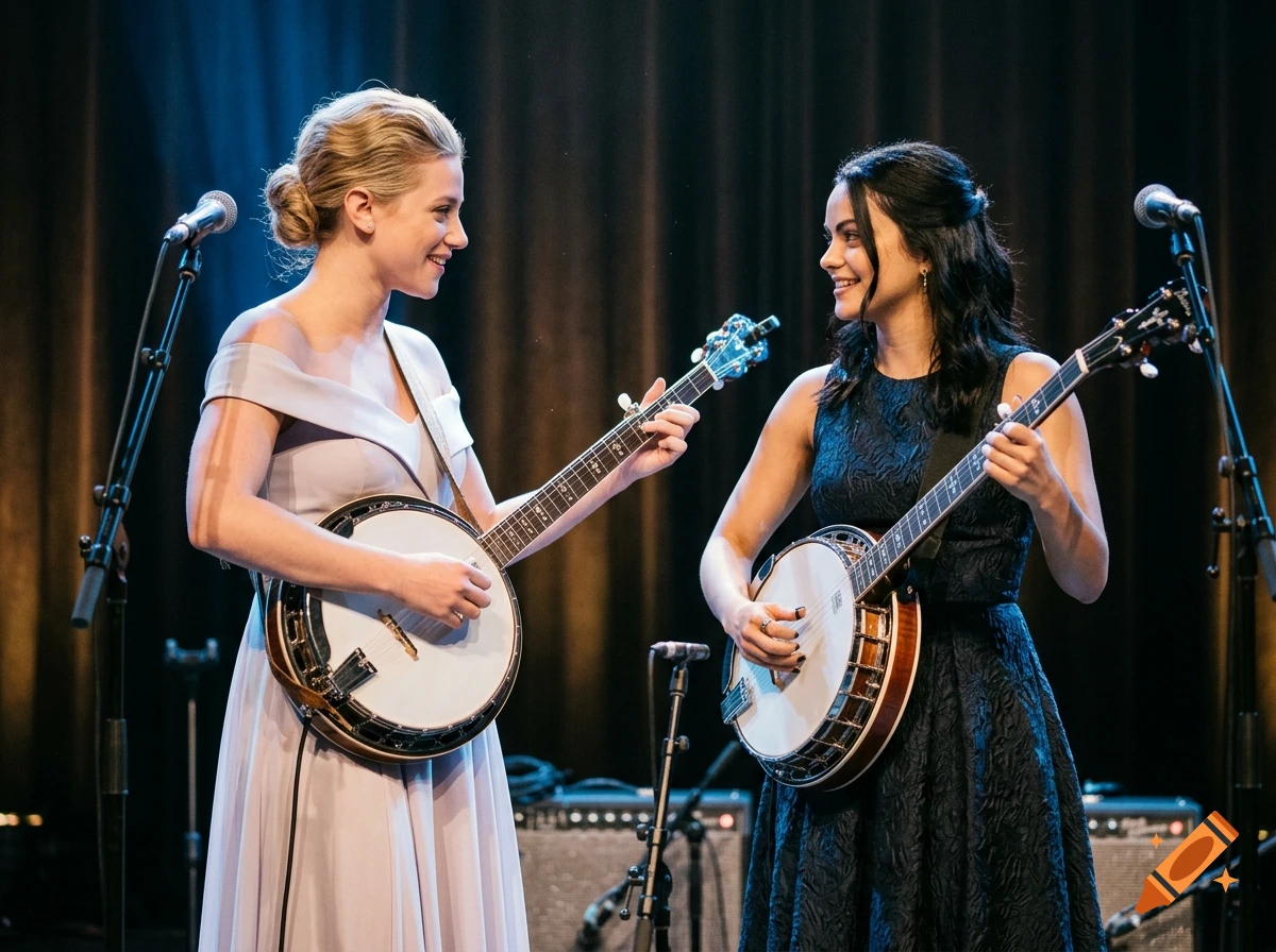Two women in formal wear playing banjos on stage, facing each other and smiling.