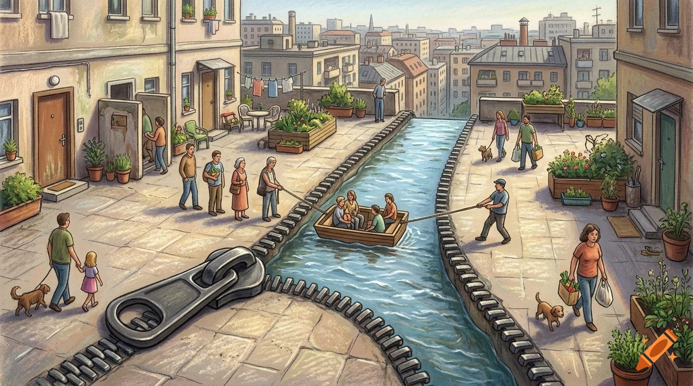 An illustrated surreal cityscape where a giant zipper opens up a cobblestone courtyard to reveal a flowing canal with a small boat.
