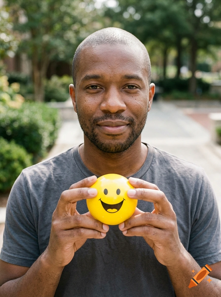 Photorealistic portrait of a Black man with very short hair holding a yellow smiley face ball.