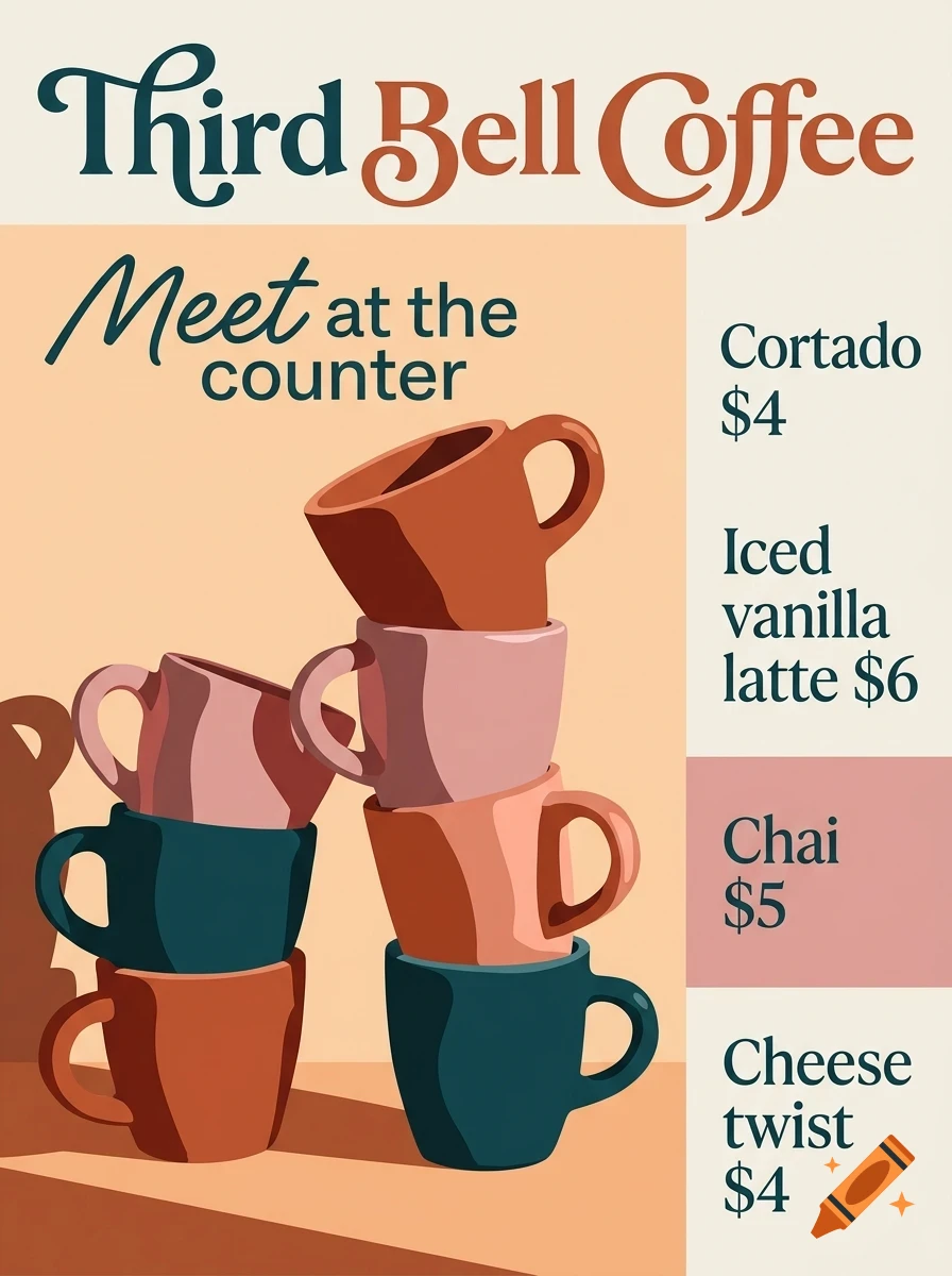 An illustration of a coffee shop menu with a stack of colorful ceramic mugs and prices for drinks.