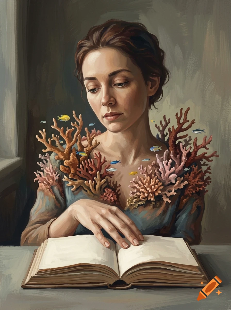 An oil painting style portrait of a woman reading an open book, with colorful coral formations and small fish surrounding her shoulders.