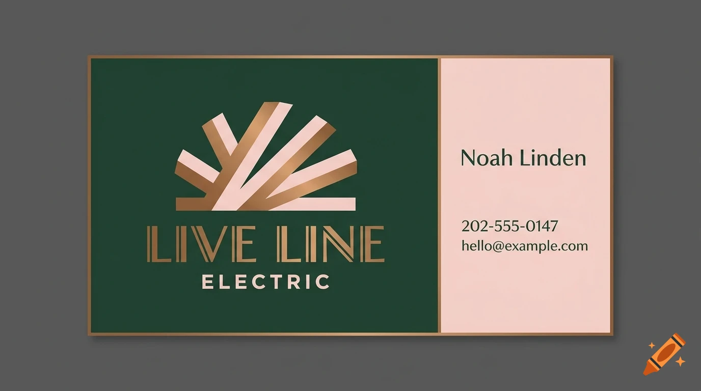 A business card featuring a green and pink design with the text 'Live Line Electric' and contact details.