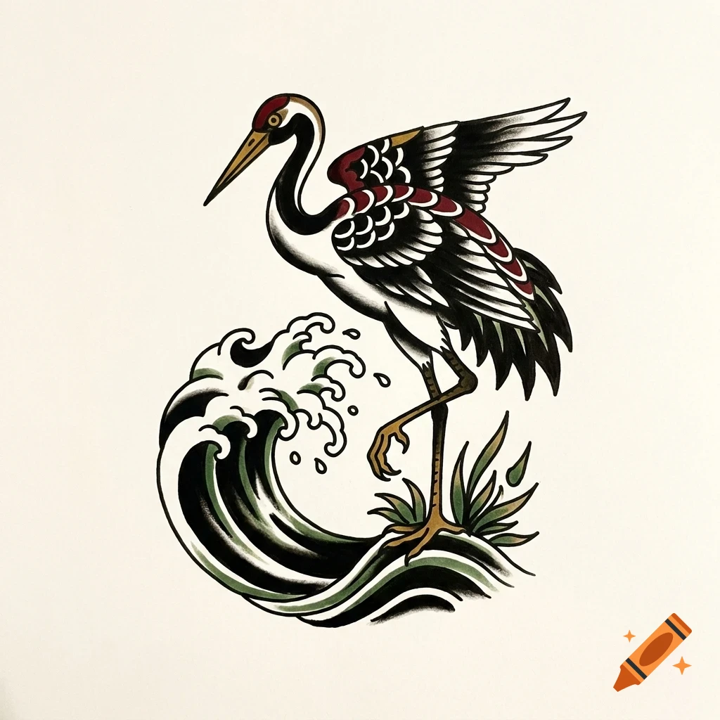 An illustrated crane standing above a stylized ocean wave with grass.