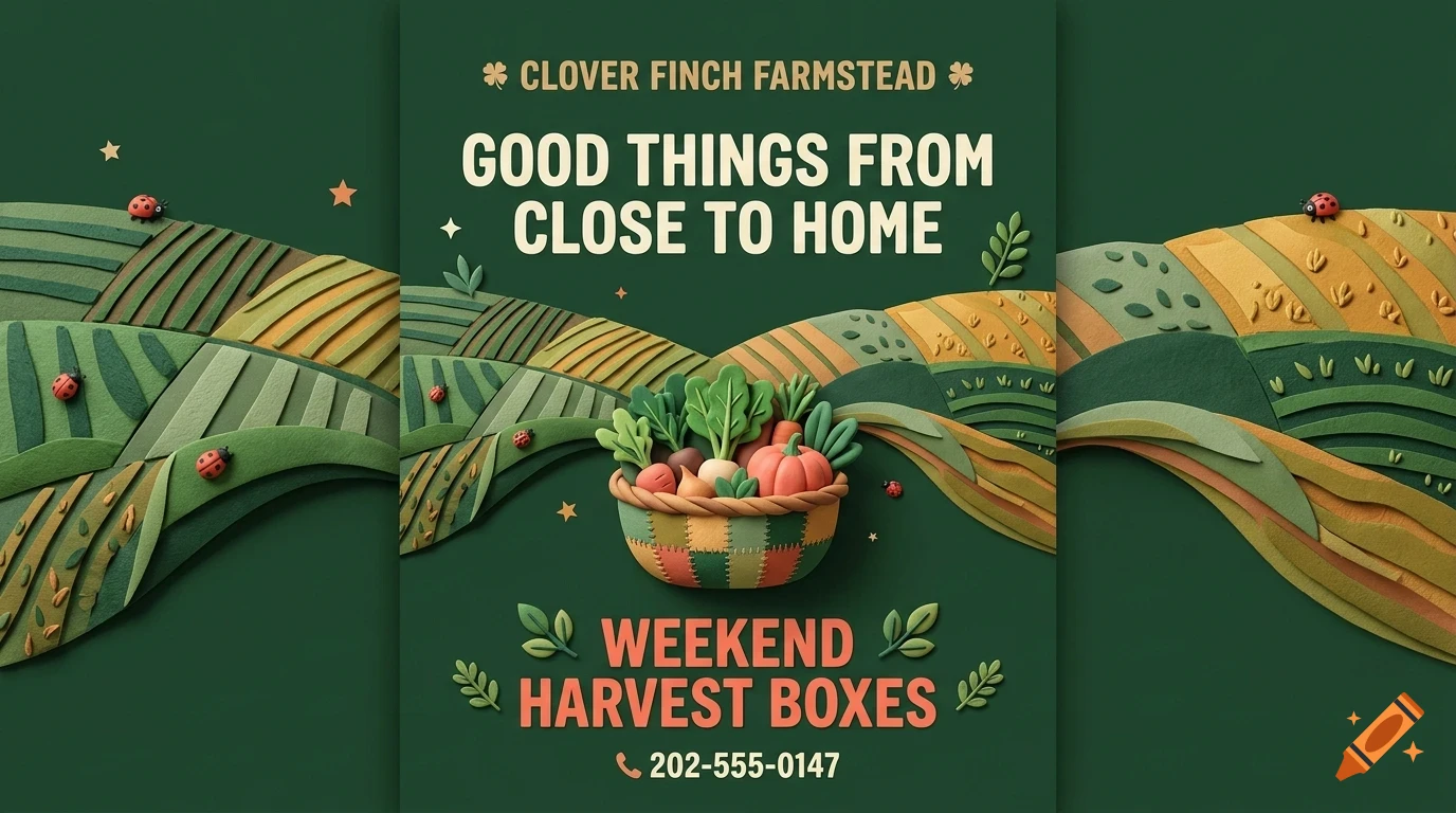 A poster design for Clover Finch Farmstead featuring a basket of vegetables, rolling green fields, and ladybugs with the text Good things from close to home.