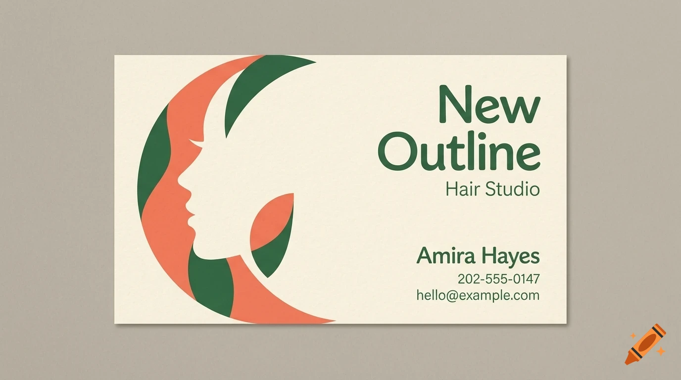 A minimalist business card featuring an abstract profile silhouette of a person and text reading New Outline Hair Studio.