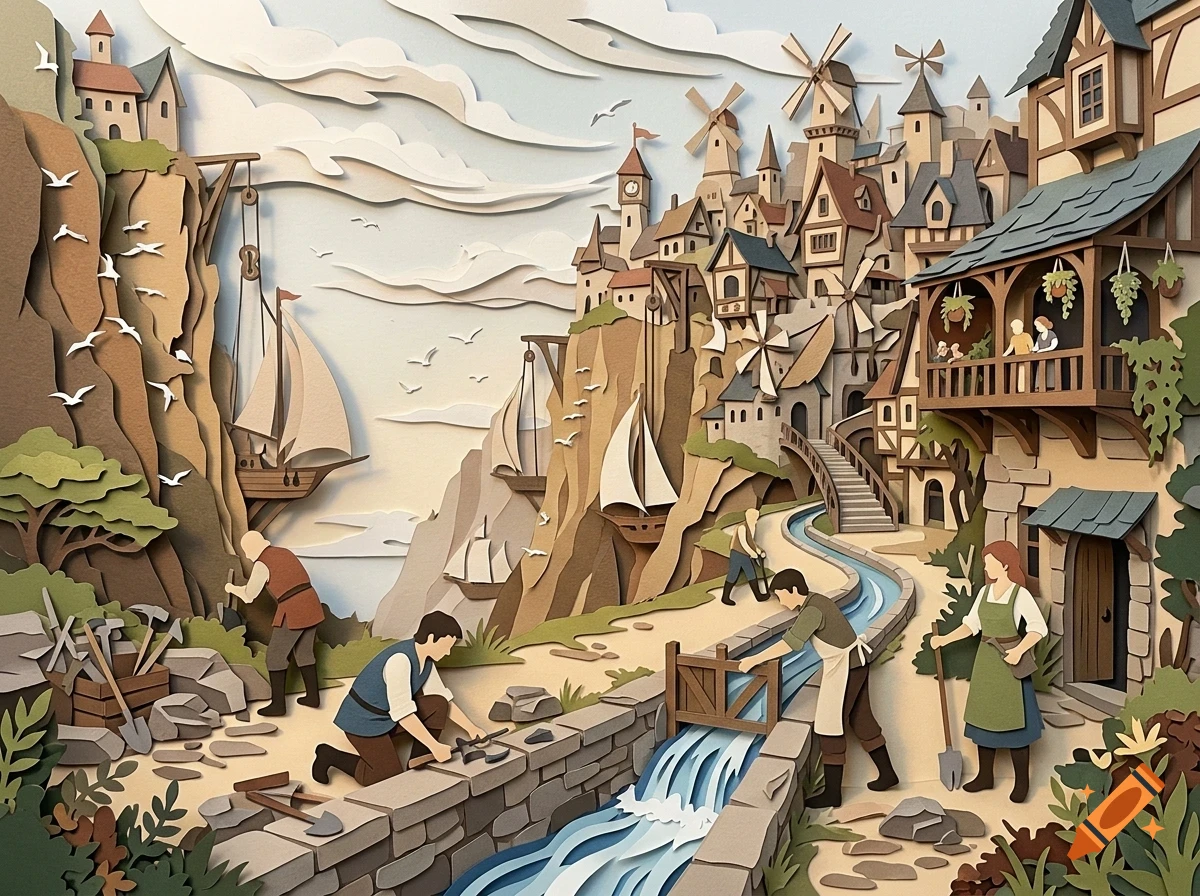 A layered papercraft illustration showing a coastal fantasy village with townspeople working near cliffs, water channels, and docked sailing ships.
