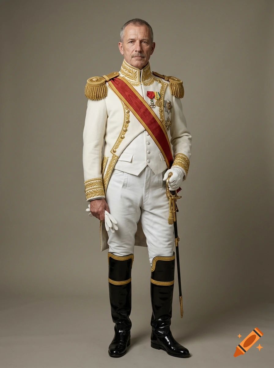 Photorealistic full-length portrait of a man in a formal white and gold military uniform with a red sash and black boots.