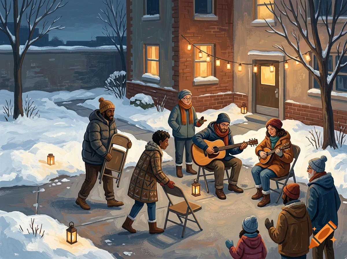 A group of people gather in a snowy yard outside a brick building at dusk, playing instruments and setting up chairs.
