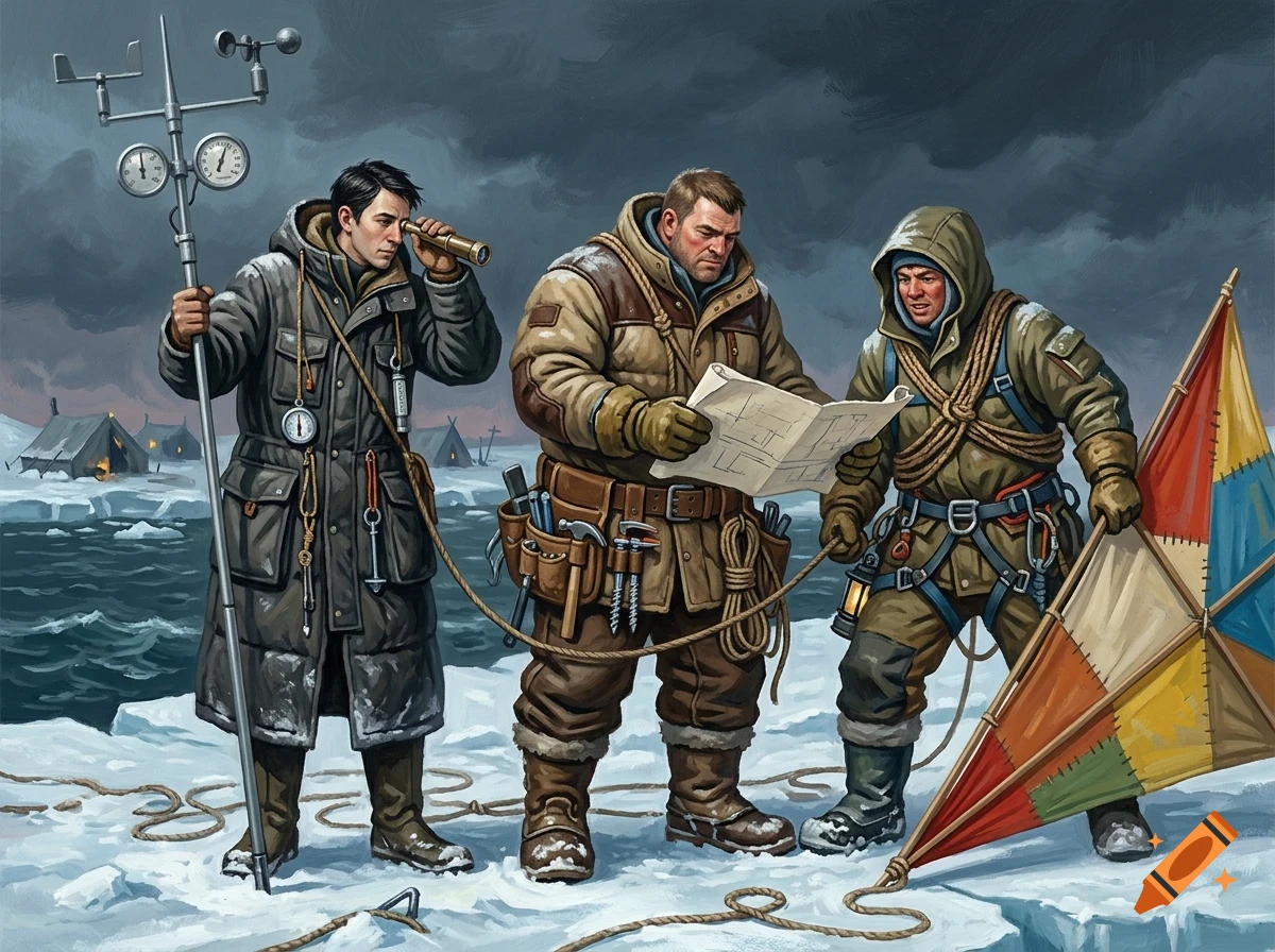 Three men in heavy winter coats stand on snow and ice, examining a map and scientific equipment under a stormy sky.
