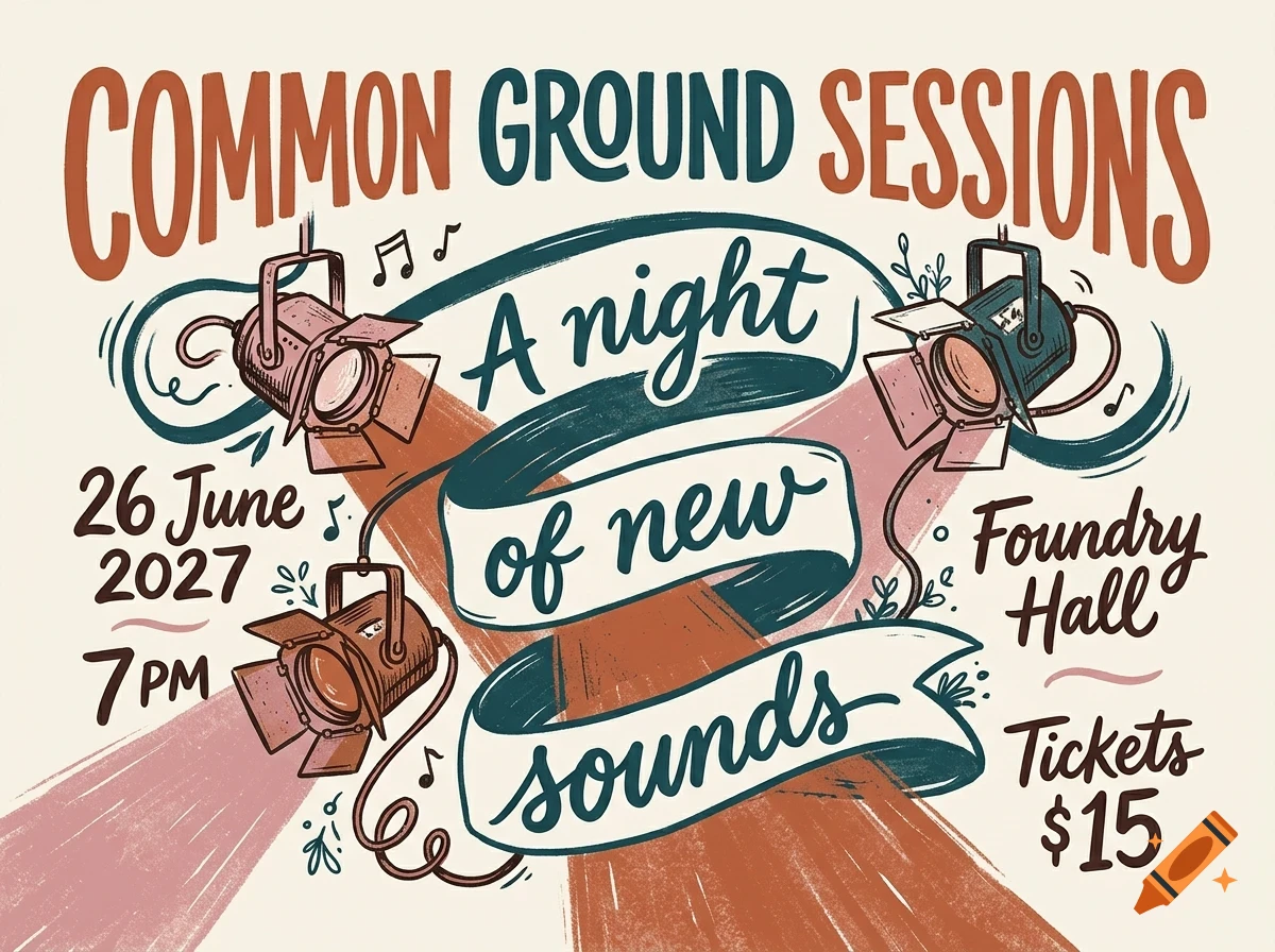 An illustrated event poster for Common Ground Sessions featuring spotlights, ribbons, and event details.