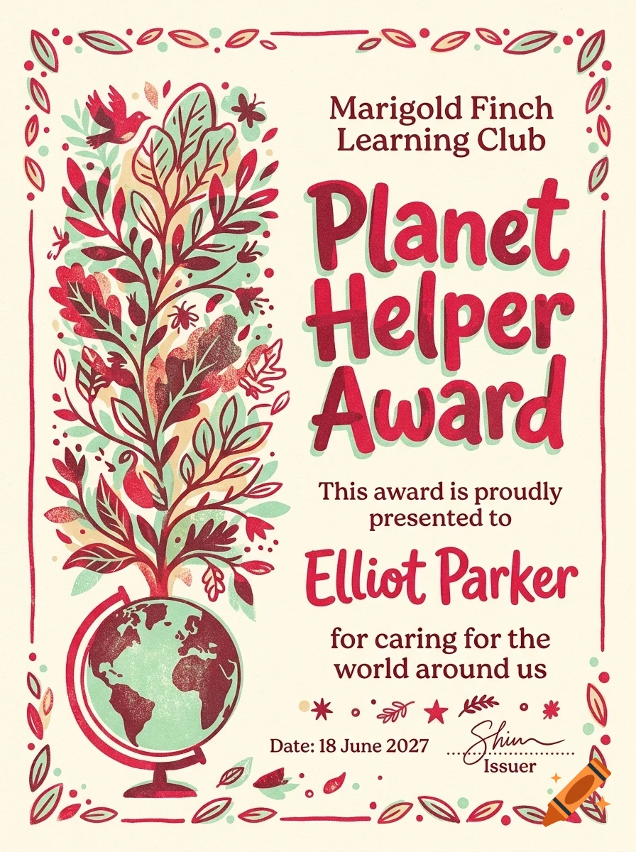 An illustrated award certificate with a globe and a tree growing from it, featuring red and green botanical decorations and the text Planet Helper Award.