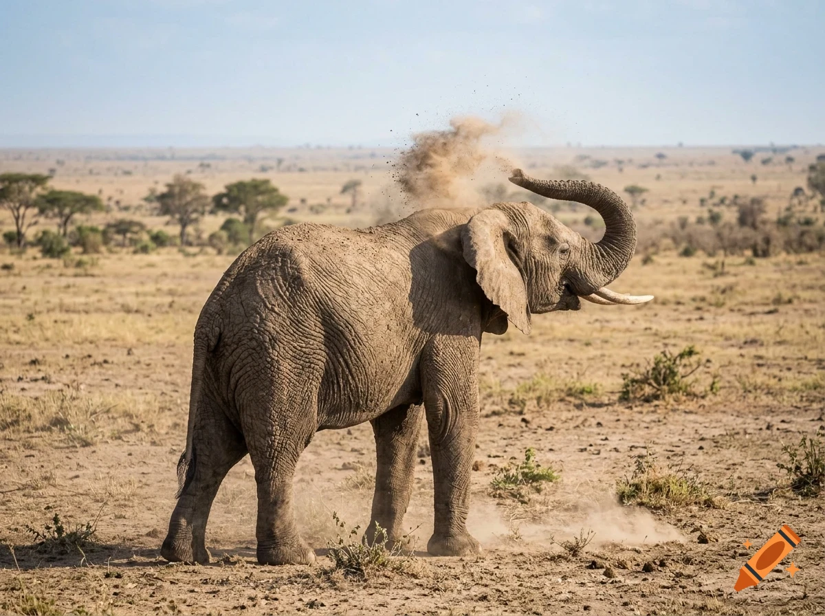 An elephant throws dust on its back in a dry savanna landscape.