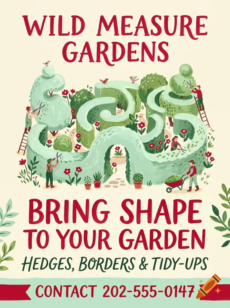 An illustrated poster for Wild Measure Gardens featuring gardeners trimming hedges and topiary.