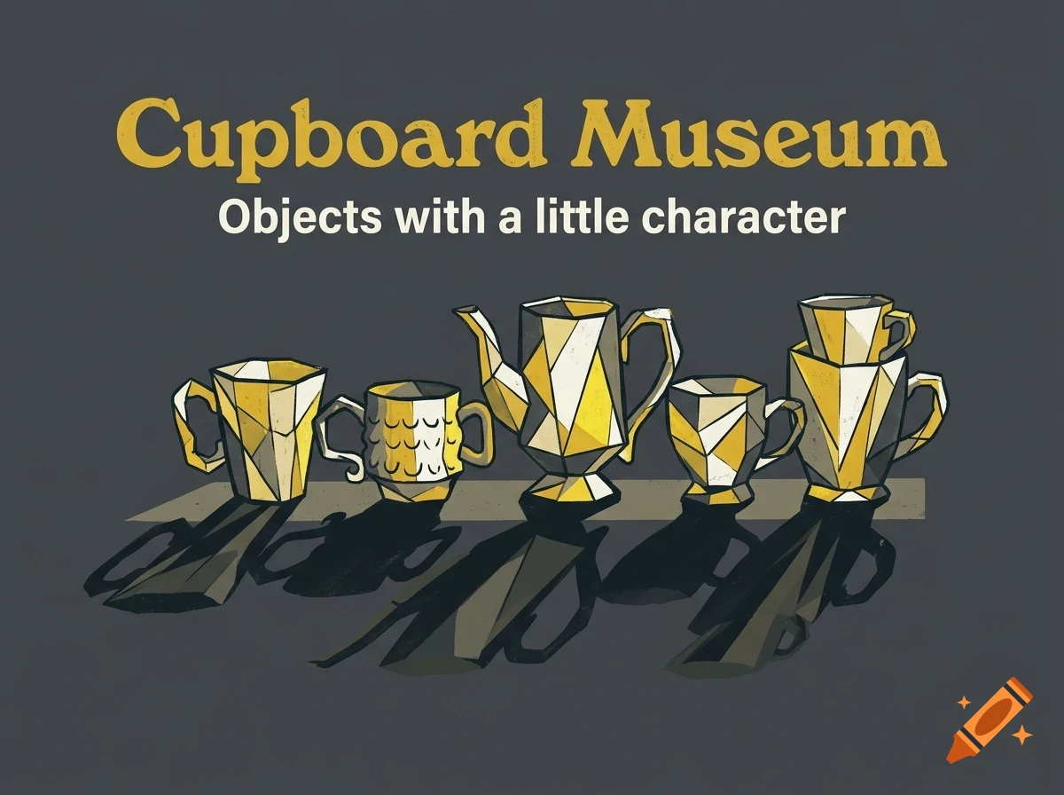 An illustration of yellow and white faceted cups and a teapot on a shelf with the text Cupboard Museum Objects with a little character.