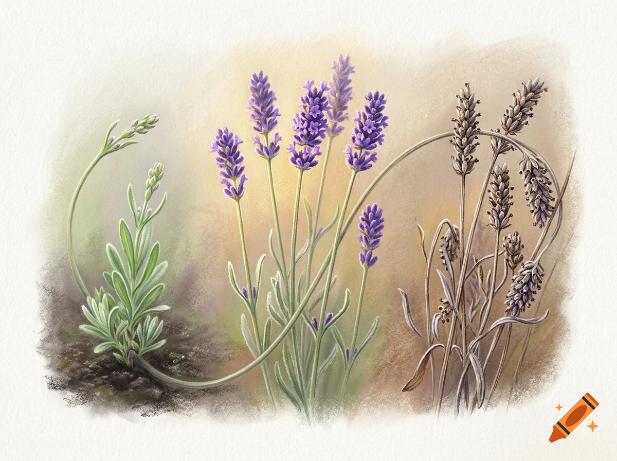 Botanical illustration showing lavender plants in different growth stages, including green shoots, blooming purple flowers, and dried stalks.