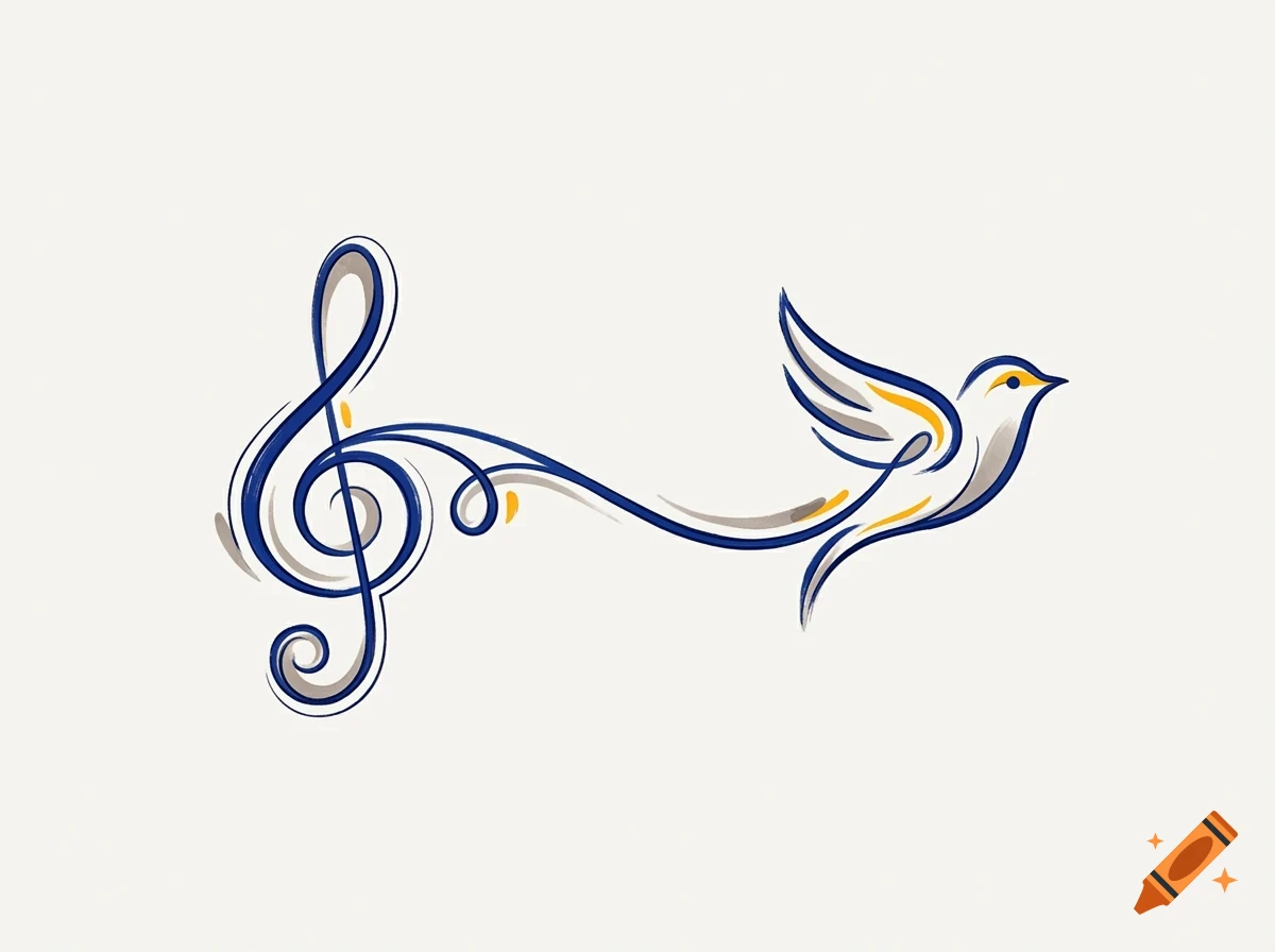 An artistic illustration featuring a treble clef morphing into a flying bird with blue and gold brushstroke outlines on a light background.