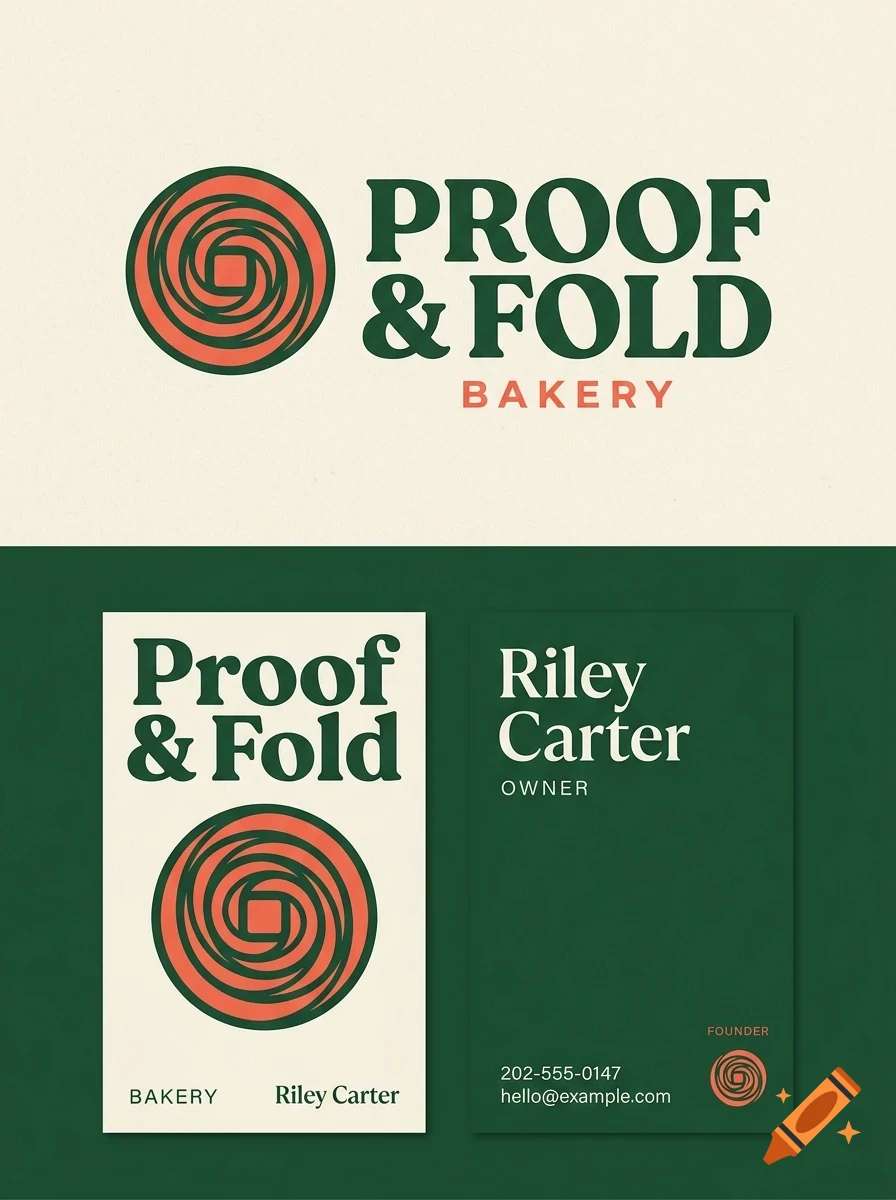 Branding mockup for Proof & Fold Bakery featuring a circular swirl logo and business cards with name Riley Carter.
