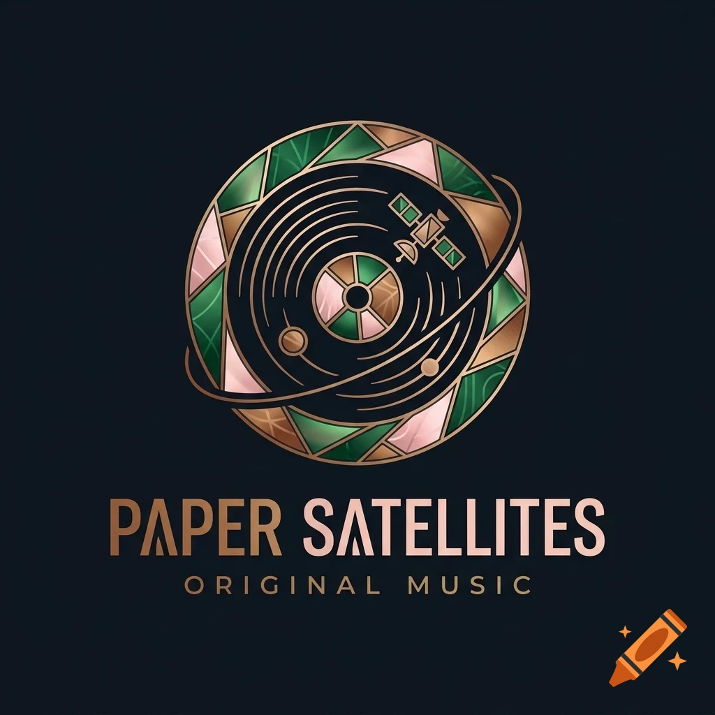 Logo featuring a circular stained-glass style emblem with a vinyl record, satellite, and orbital rings above the text 'PAPER SATELLITES ORIGINAL MUSIC'.