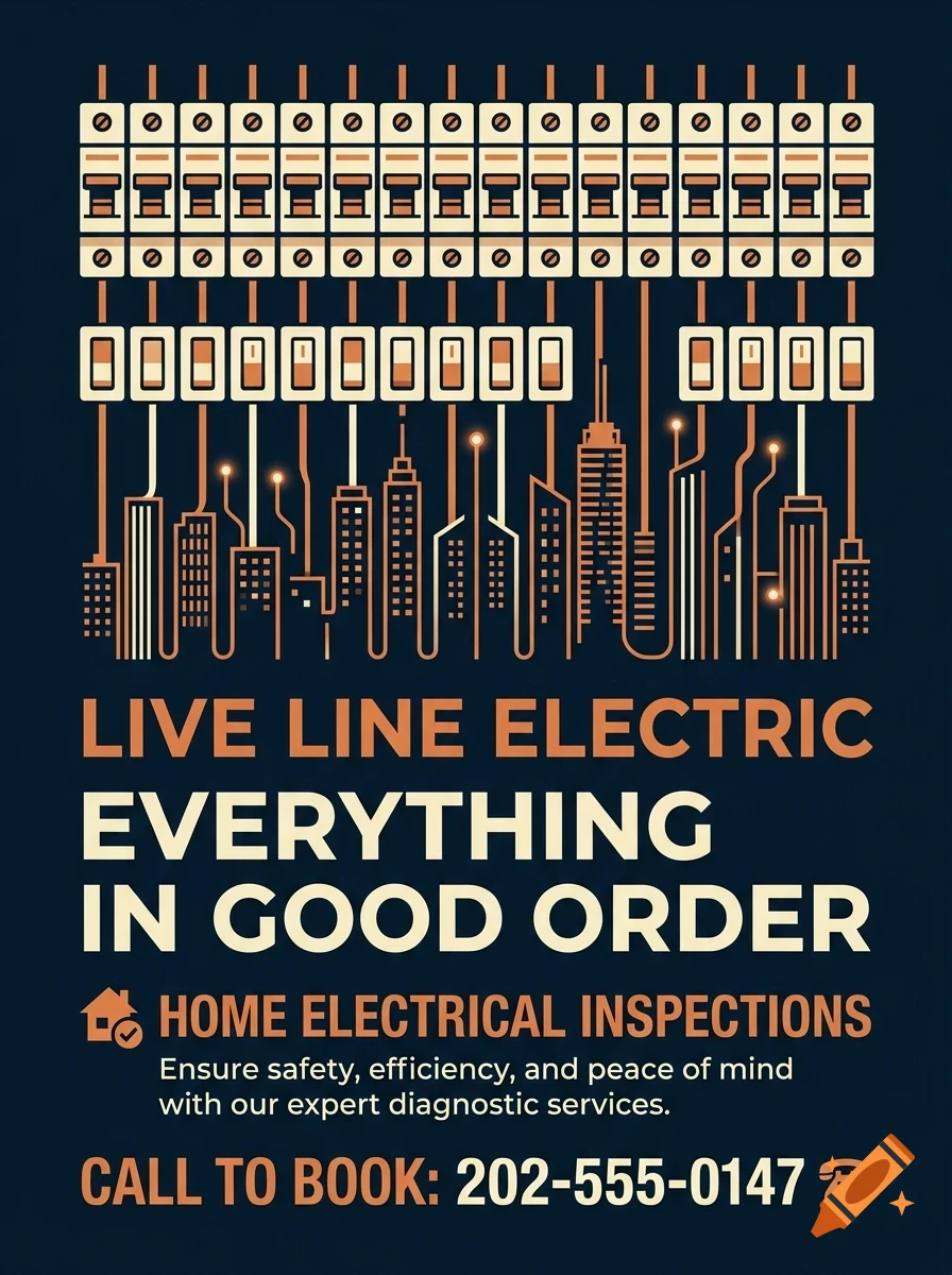 An advertisement for Live Line Electric featuring circuit breaker graphics and a city skyline illustration.