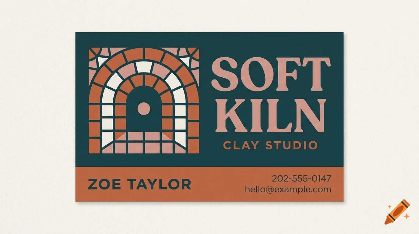 A business card featuring an arched graphic, the text 'SOFT KILN CLAY STUDIO', and contact details.