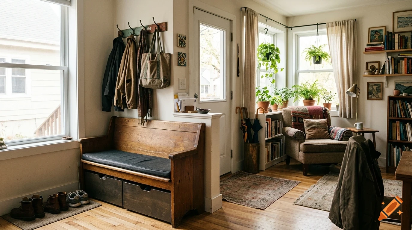 A cozy, sunlit entryway and living space featuring a wooden bench with storage drawers, a coat rack, bookshelves, and potted plants near windows.