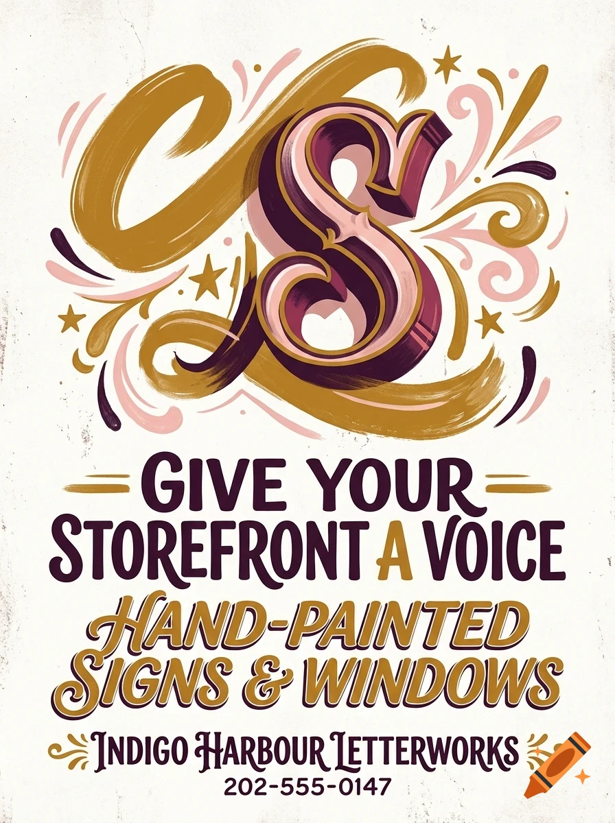 An illustrated poster featuring decorative lettering with the text GIVE YOUR STOREFRONT A VOICE, HAND-PAINTED SIGNS & WINDOWS, and INDIGO HARBOUR LETTERWORKS.