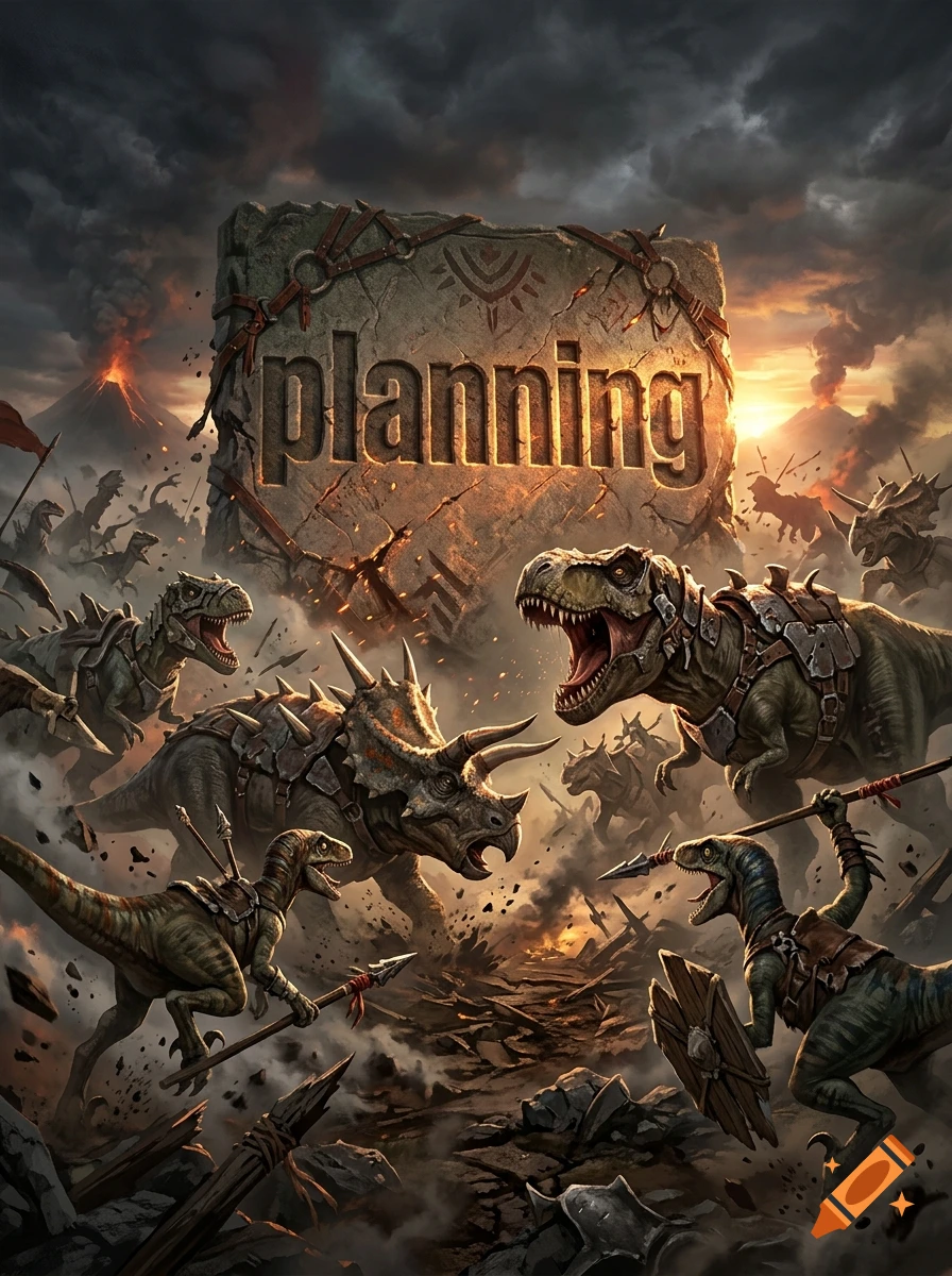 Cinematic illustration of dinosaurs wearing armor in battle, with a large stone slab displaying the word planning.