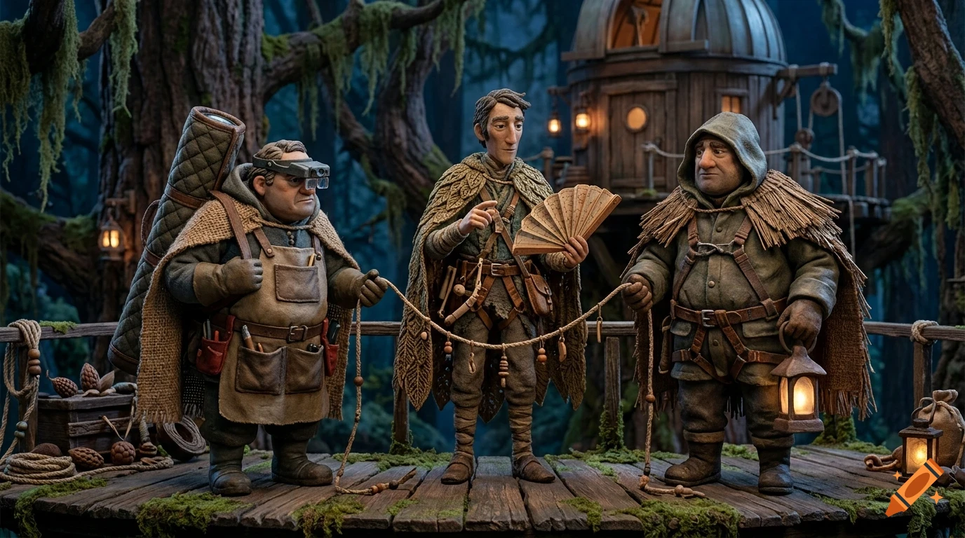 Three stop-motion style claymation characters in a forest treehouse setting holding a string with decorative items.
