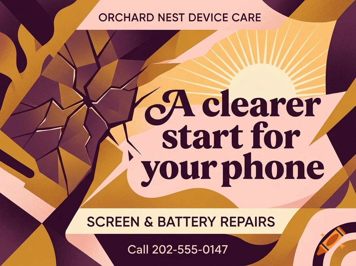 An abstract vector poster design with text reading 'A clearer start for your phone' and 'ORCHARD NEST DEVICE CARE'.