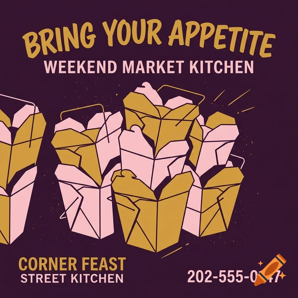 An illustrated poster advertising Corner Feast Street Kitchen with takeaway food boxes and text reading Bring your appetite.
