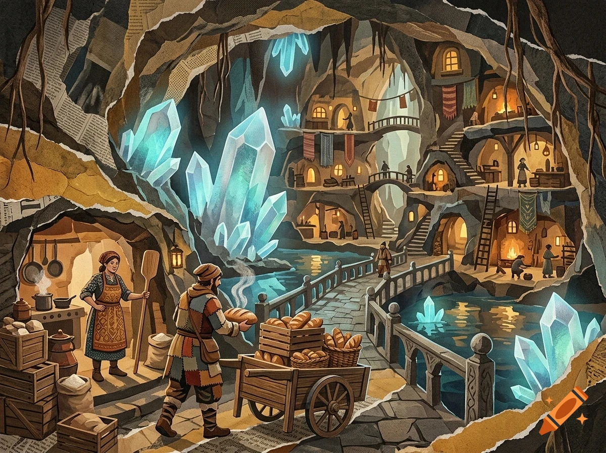 An underground village inside a cave system, featuring glowing blue crystals, stone bridges over water, and people working in bakeries and homes.