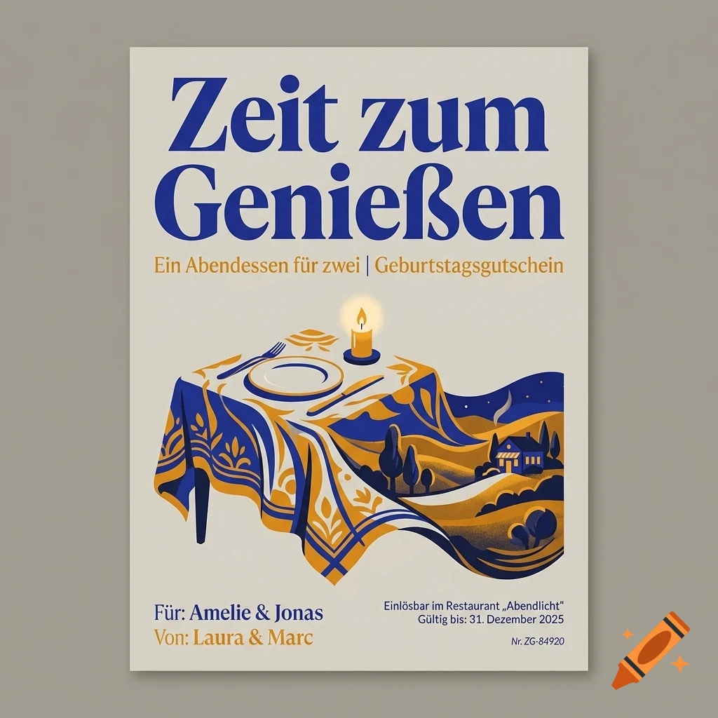 A poster featuring blue lettering at the top, a table set for two with a lit candle, and landscape illustrations on the tablecloth.