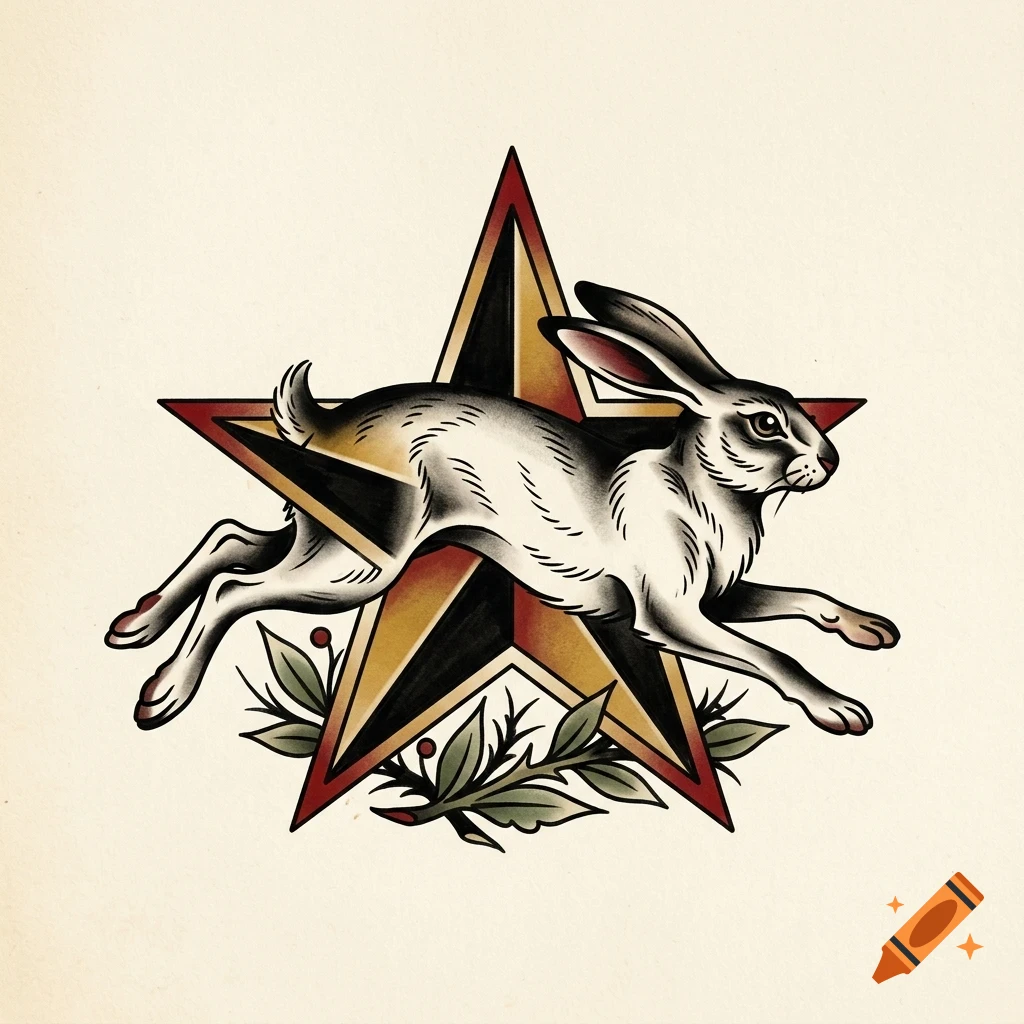Traditional tattoo style illustration of a running rabbit superimposed over a star and small leafy branch.