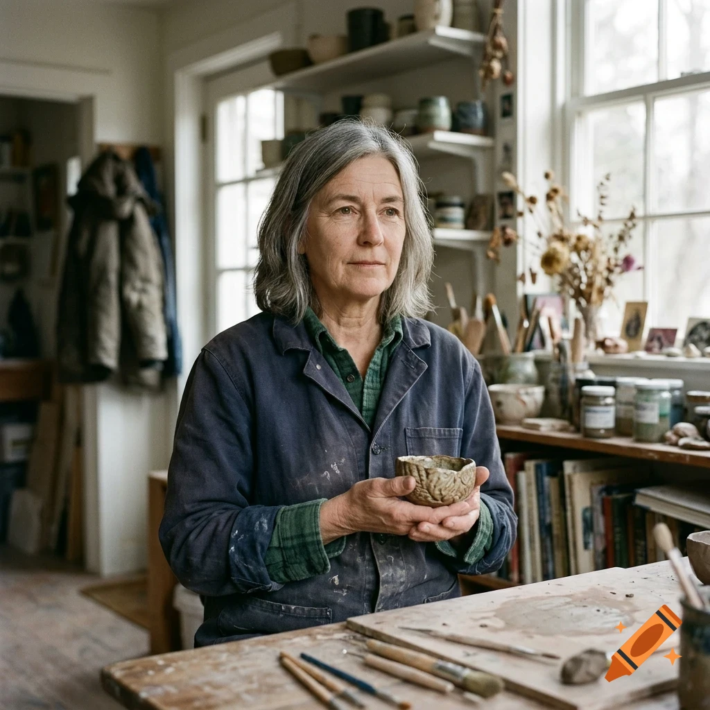 An older woman with grey hair wearing a work jacket holds a small ceramic bowl in a pottery studio.