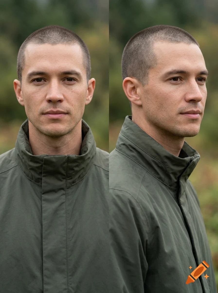 Front and profile portraits of a man with short hair wearing a green jacket outdoors.