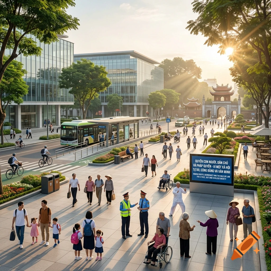 Photorealistic scene of a bustling modern Vietnamese plaza with pedestrians, traditional gate, and glass buildings at sunset.