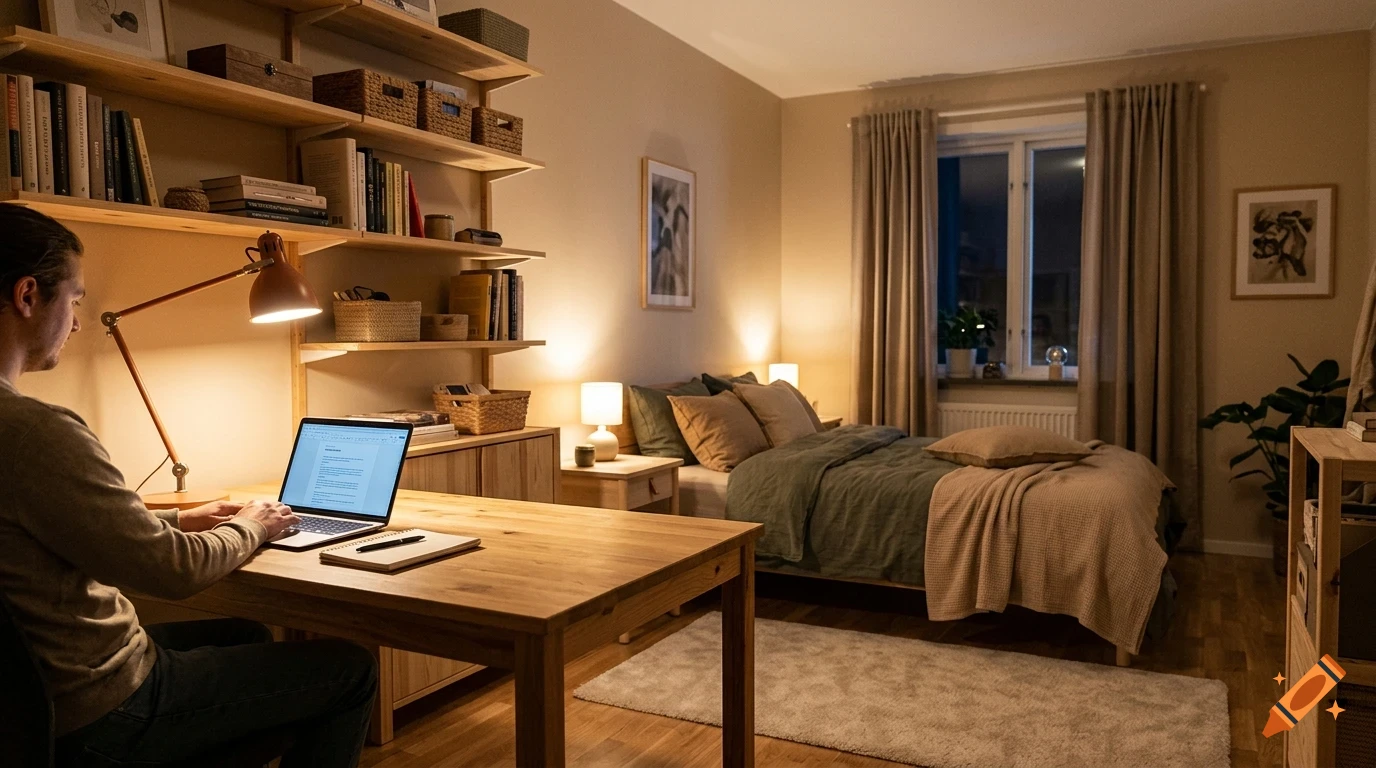 A person sitting at a wooden desk working on a laptop in a cozy bedroom with a bed, shelving unit, and warm lighting.